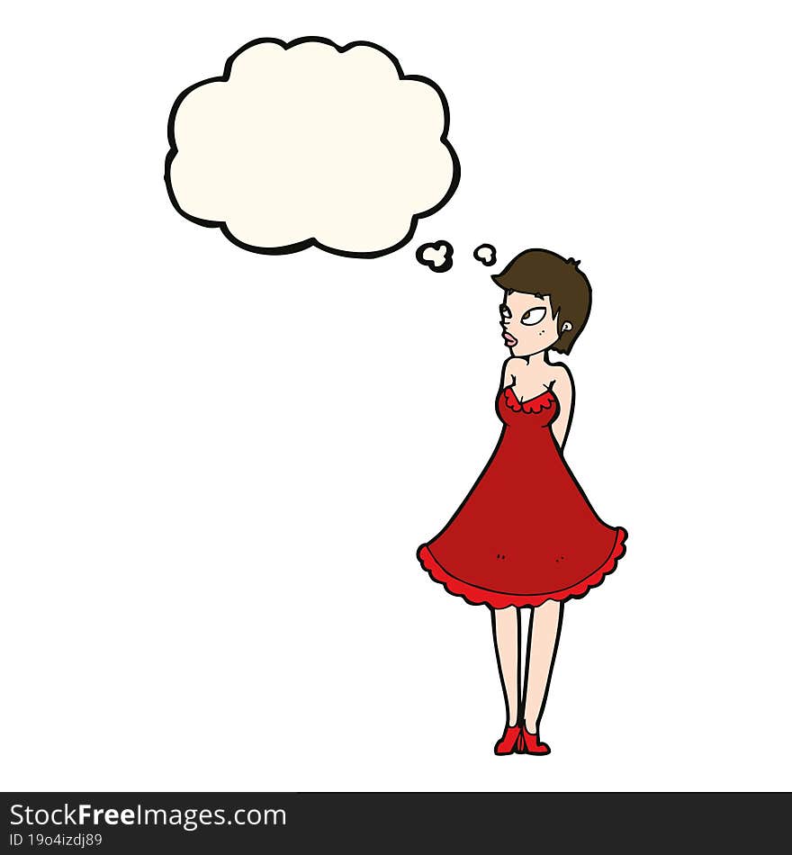 Cartoon Pretty Woman In Dress With Thought Bubble