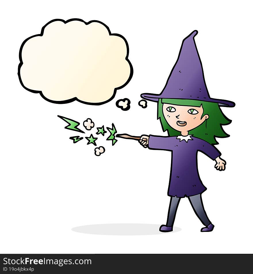 cartoon witch girl casting spell with thought bubble