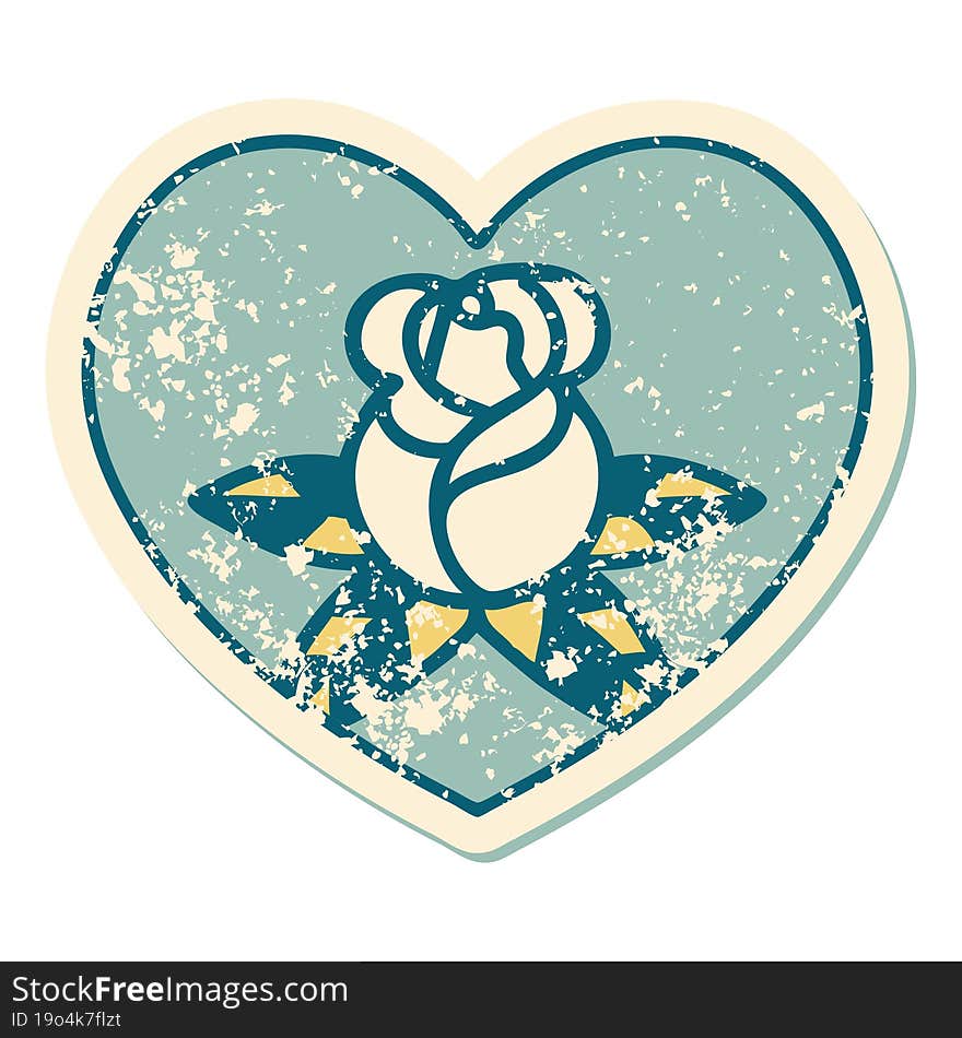 iconic distressed sticker tattoo style image of a heart and flowers. iconic distressed sticker tattoo style image of a heart and flowers