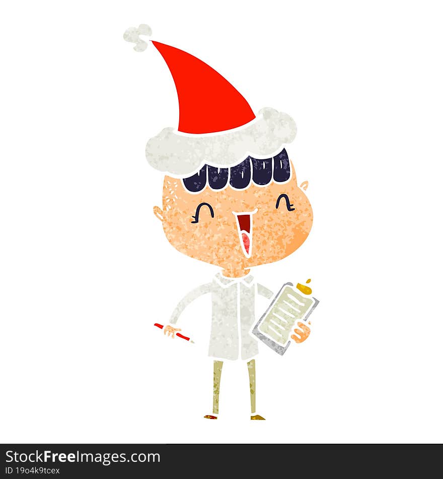 retro cartoon of a happy boy surprised wearing santa hat