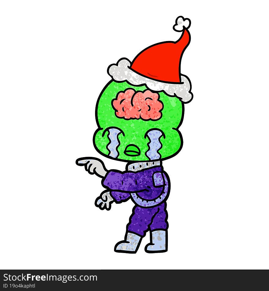 textured cartoon of a big brain alien crying and pointing wearing santa hat