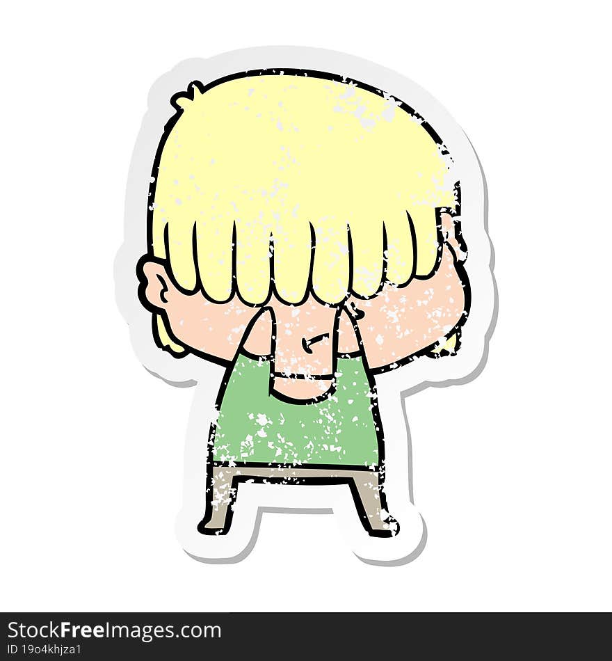 distressed sticker of a cartoon boy with untidy hair