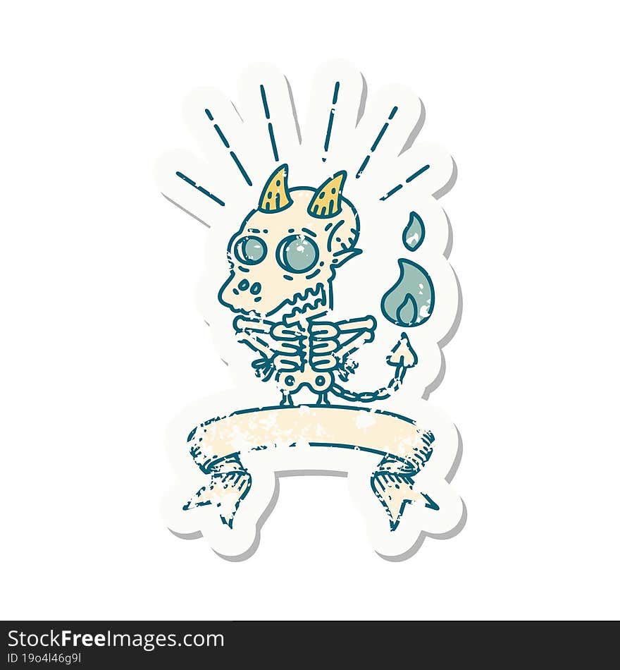 grunge sticker of tattoo style skeleton demon character