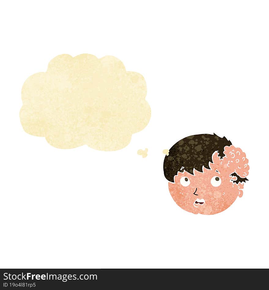 cartoon boy with ugly growth on head with thought bubble