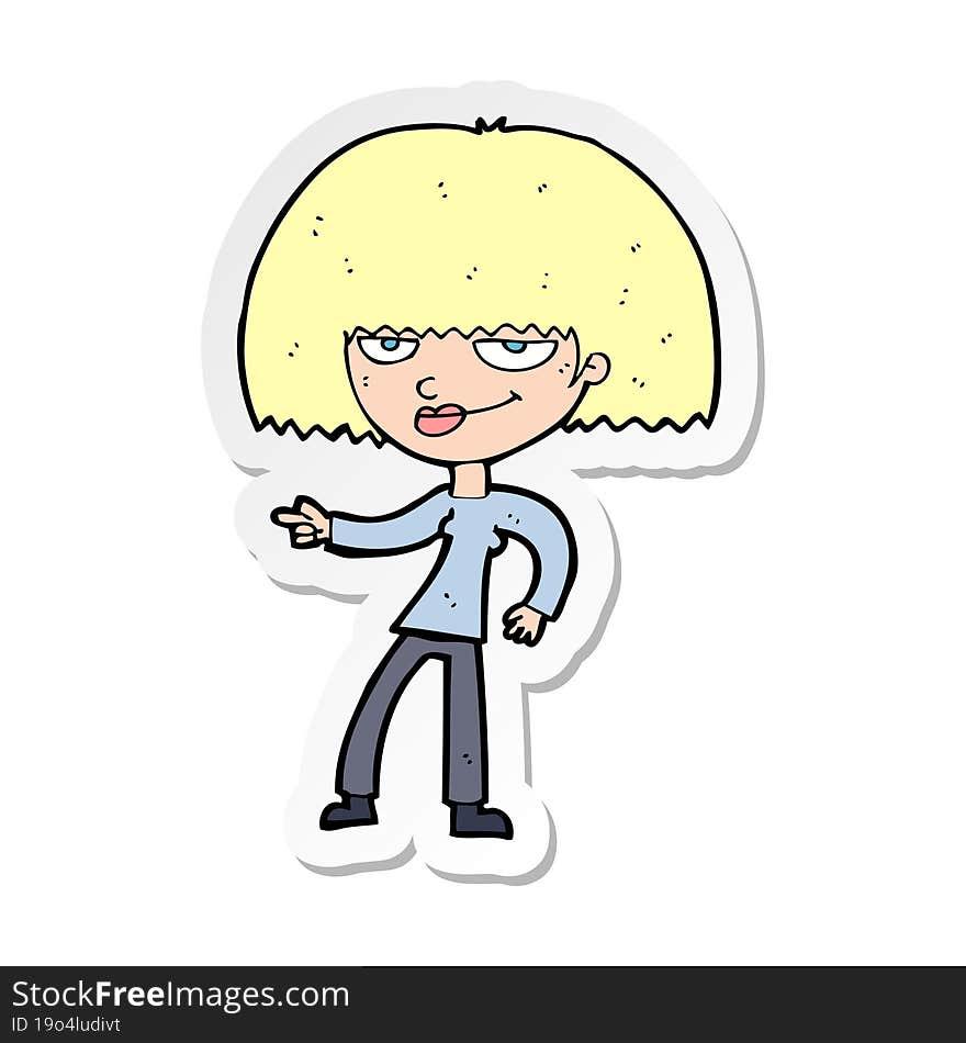 sticker of a cartoon happy woman pointing