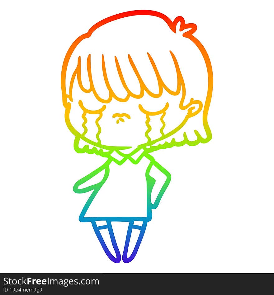 Rainbow Gradient Line Drawing Cartoon Woman Crying