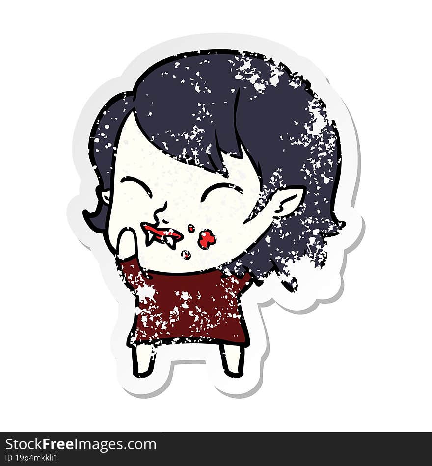 Distressed Sticker Of A Cartoon Vampire Girl With Blood On Cheek