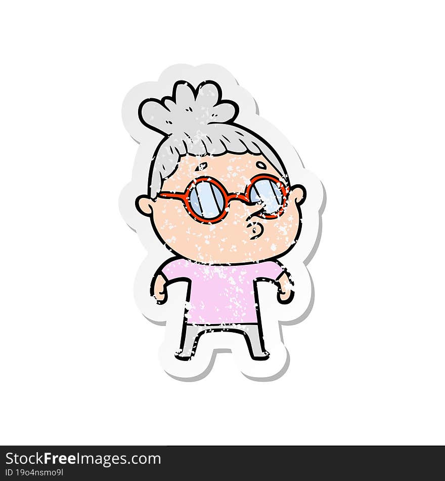 distressed sticker of a cartoon woman wearing glasses