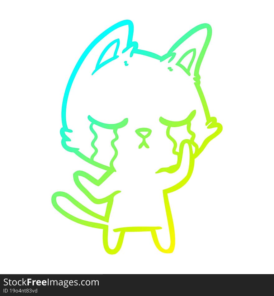 cold gradient line drawing of a crying cartoon cat