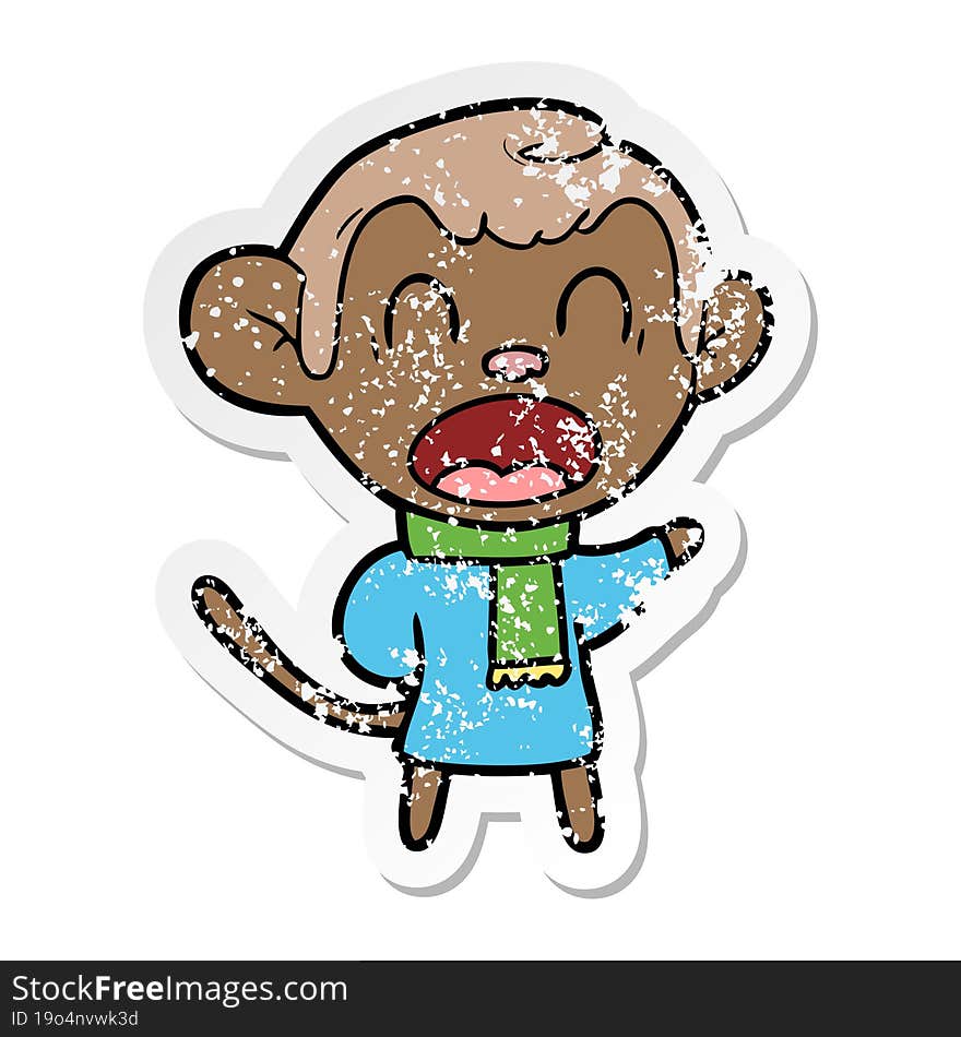 distressed sticker of a shouting cartoon monkey wearing scarf