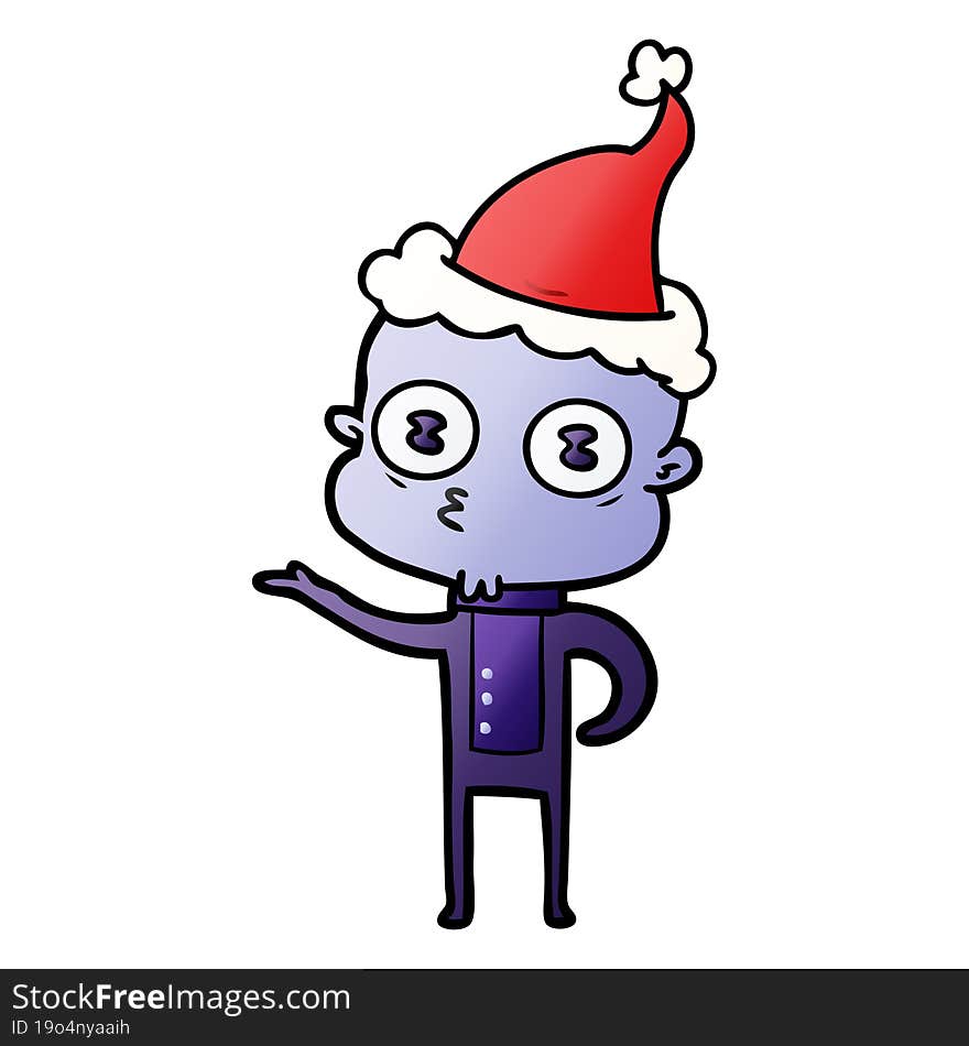 gradient cartoon of a weird bald spaceman wearing santa hat