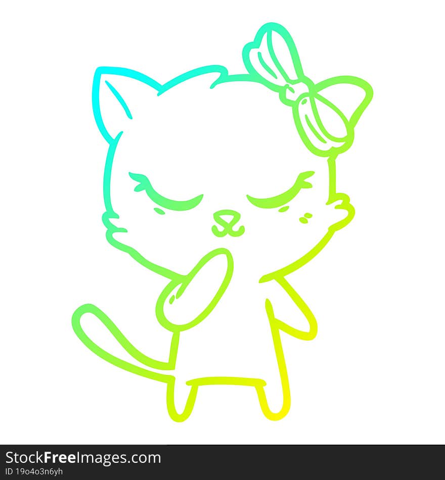 Cold Gradient Line Drawing Cute Cartoon Cat With Bow