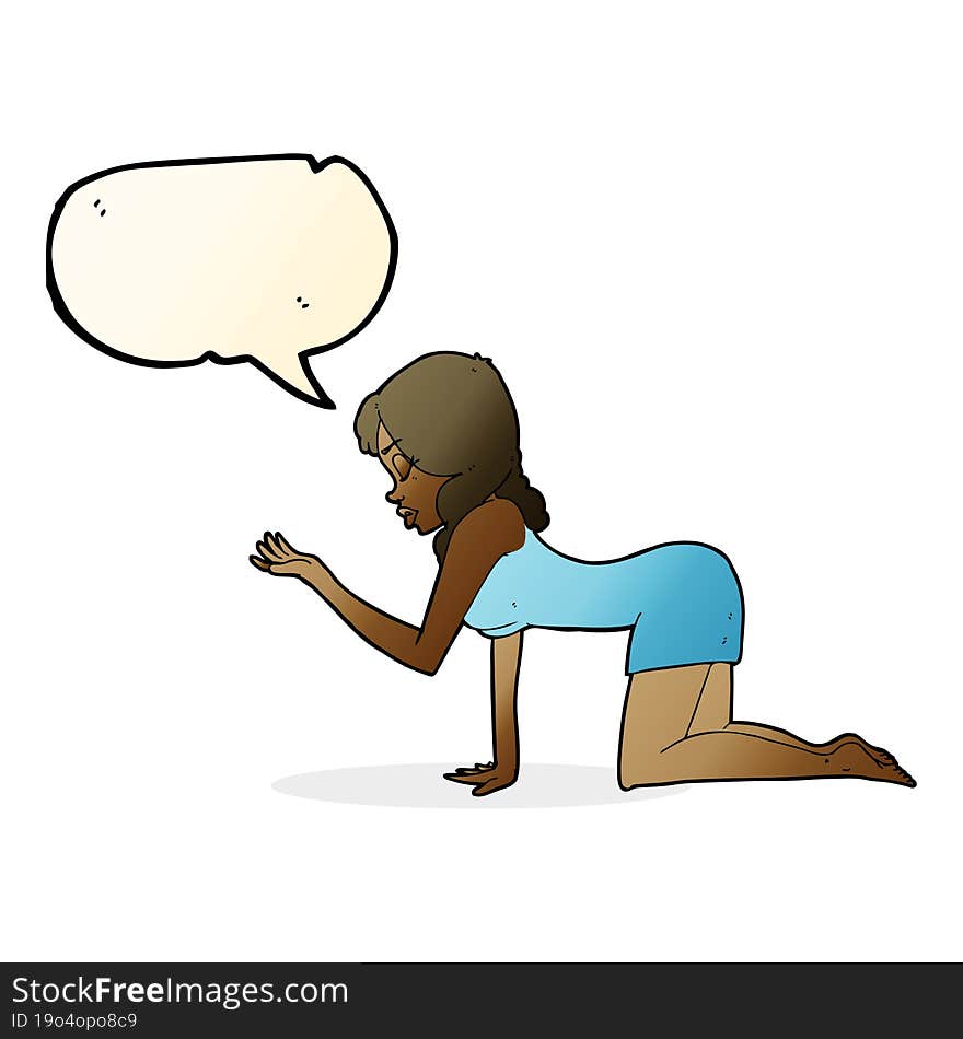 cartoon woman on all fours with speech bubble