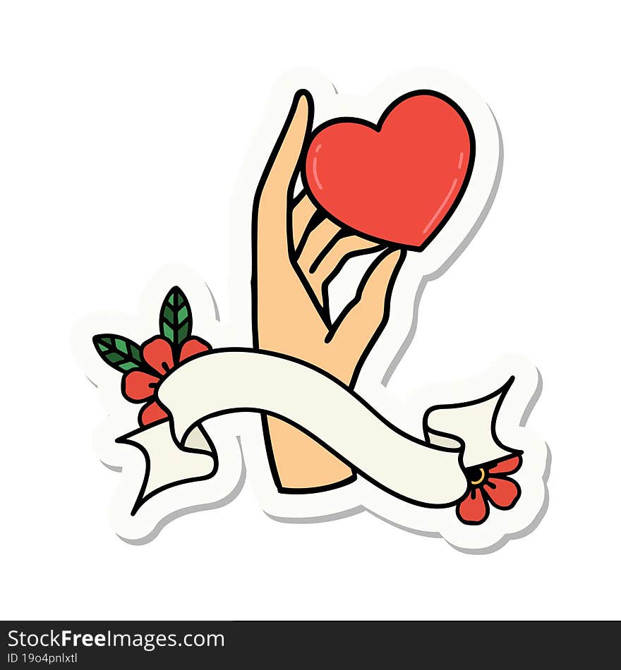 tattoo style sticker with banner of a hand holding a heart