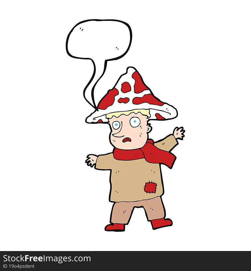 cartoon magical mushroom man with speech bubble