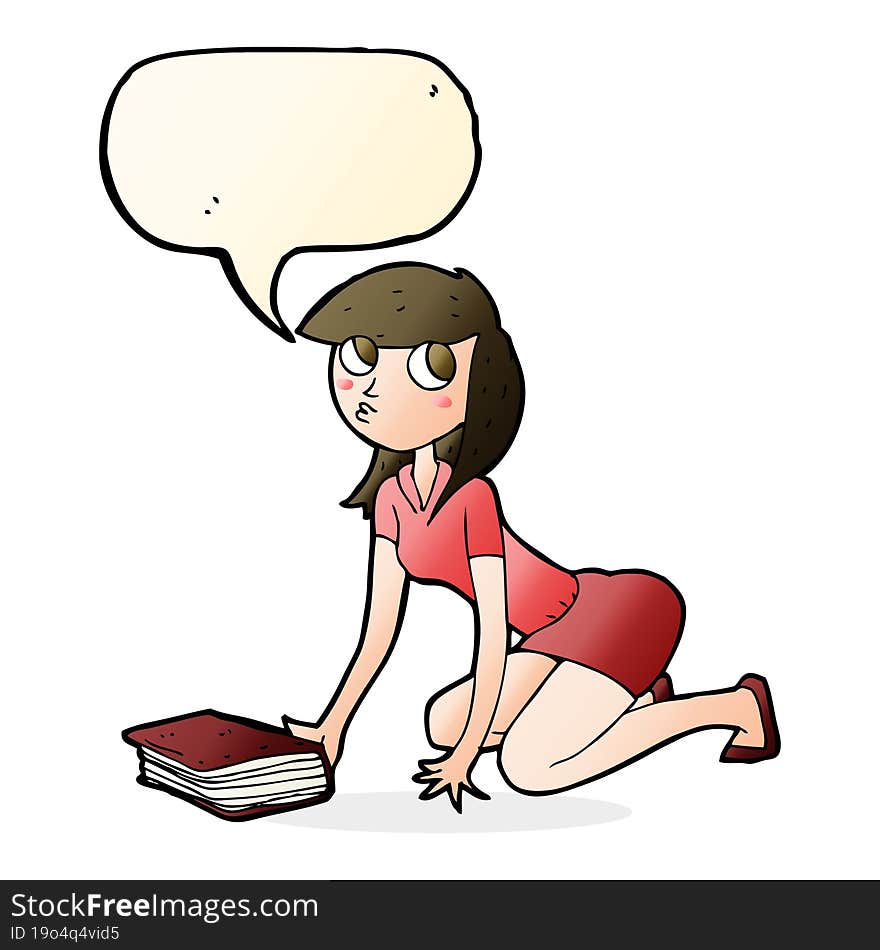 cartoon girl picking up book with speech bubble