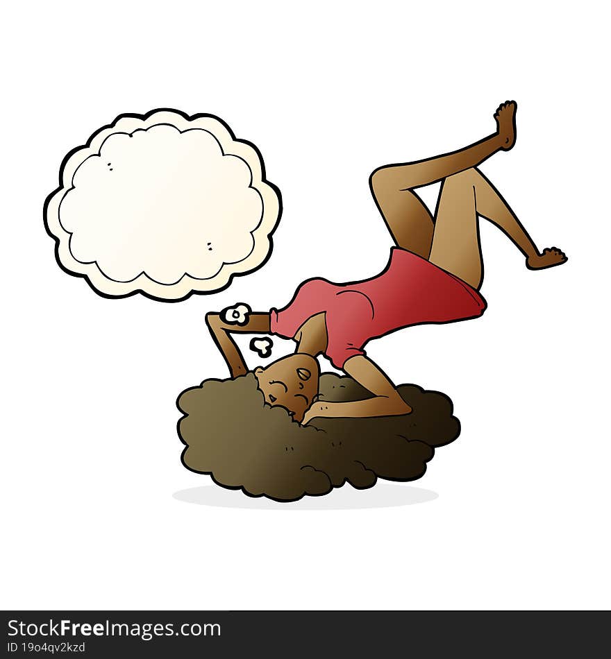 cartoon woman lying on floor with thought bubble