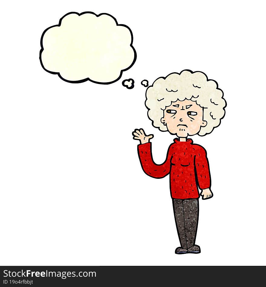 Cartoon Annoyed Old Woman Waving With Thought Bubble