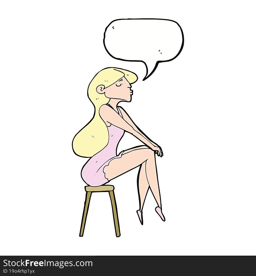 cartoon woman sitting on stool with speech bubble