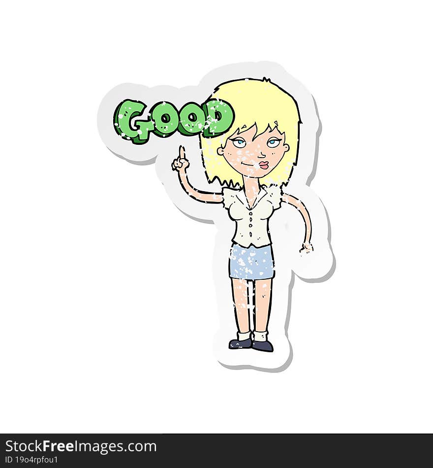 retro distressed sticker of a cartoon woman doing good