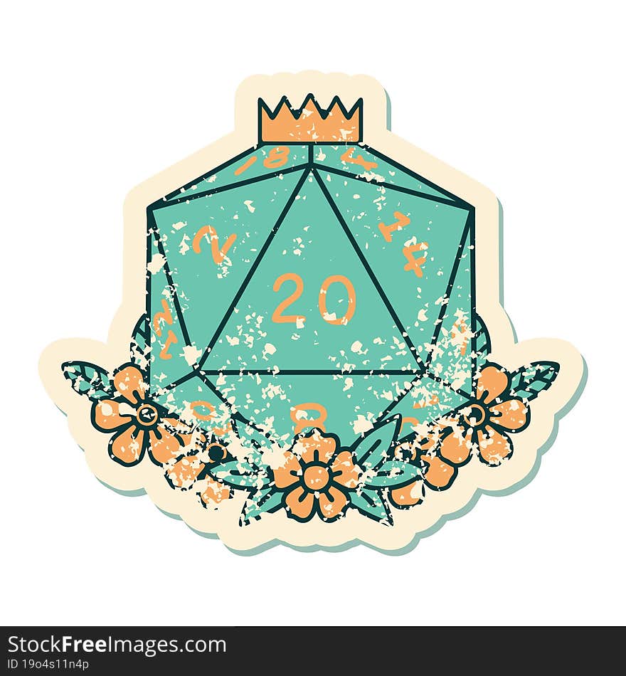 grunge sticker of a natural 20 D20 dice roll with floral elements. grunge sticker of a natural 20 D20 dice roll with floral elements