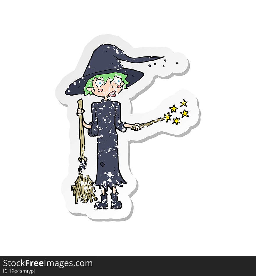 retro distressed sticker of a cartoon witch casting spell