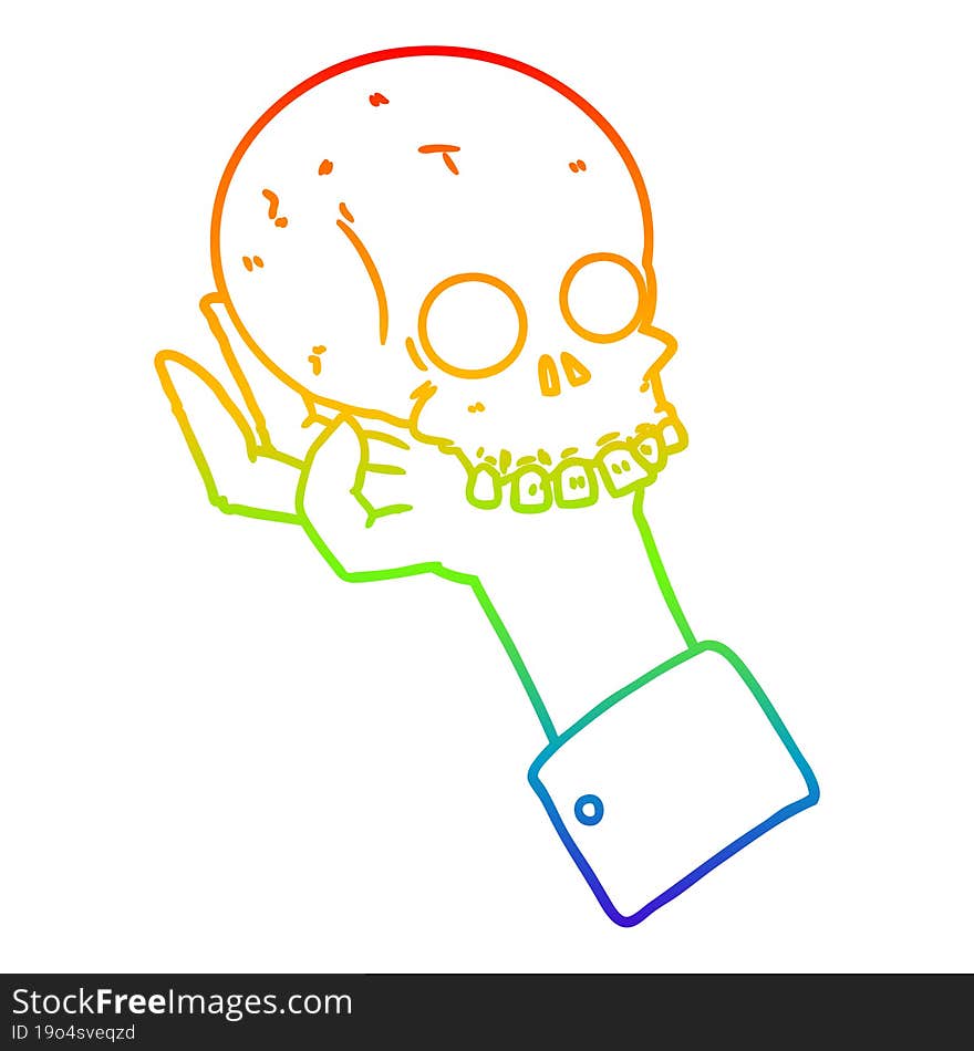 rainbow gradient line drawing cartoon hand holding skull