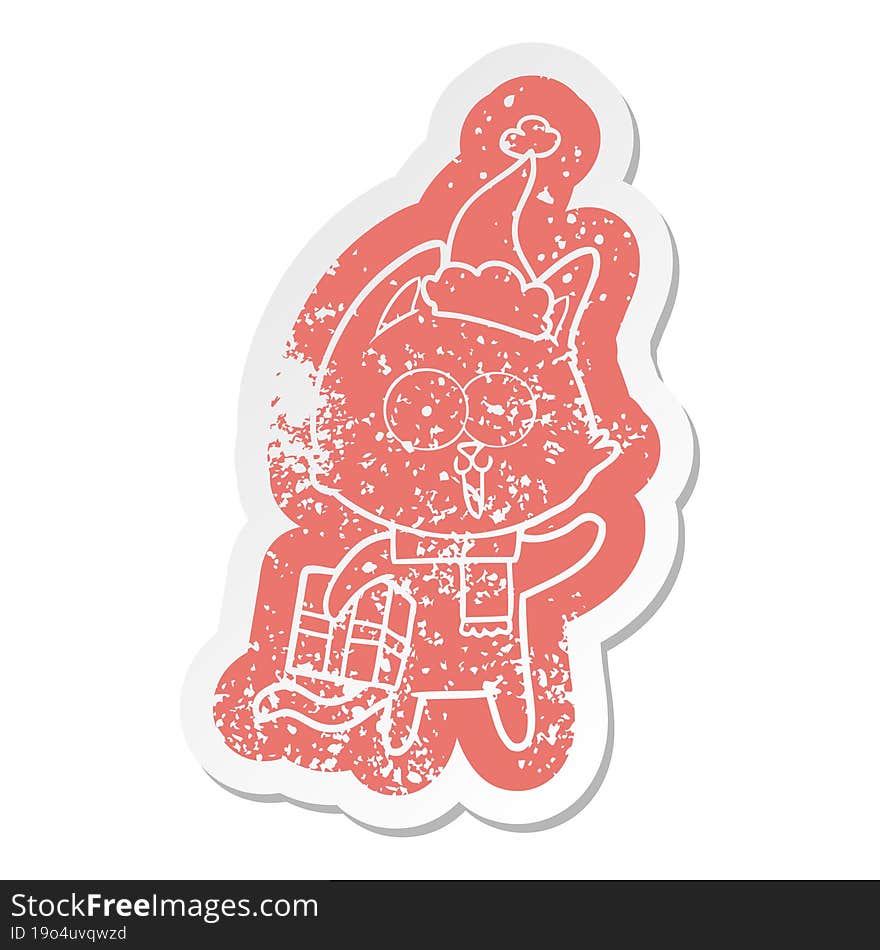 funny quirky cartoon distressed sticker of a cat wearing santa hat