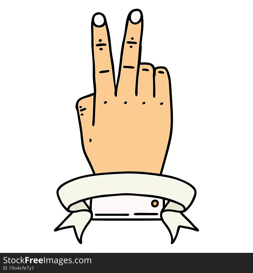 Retro Tattoo Style victory v hand gesture with banner. Retro Tattoo Style victory v hand gesture with banner