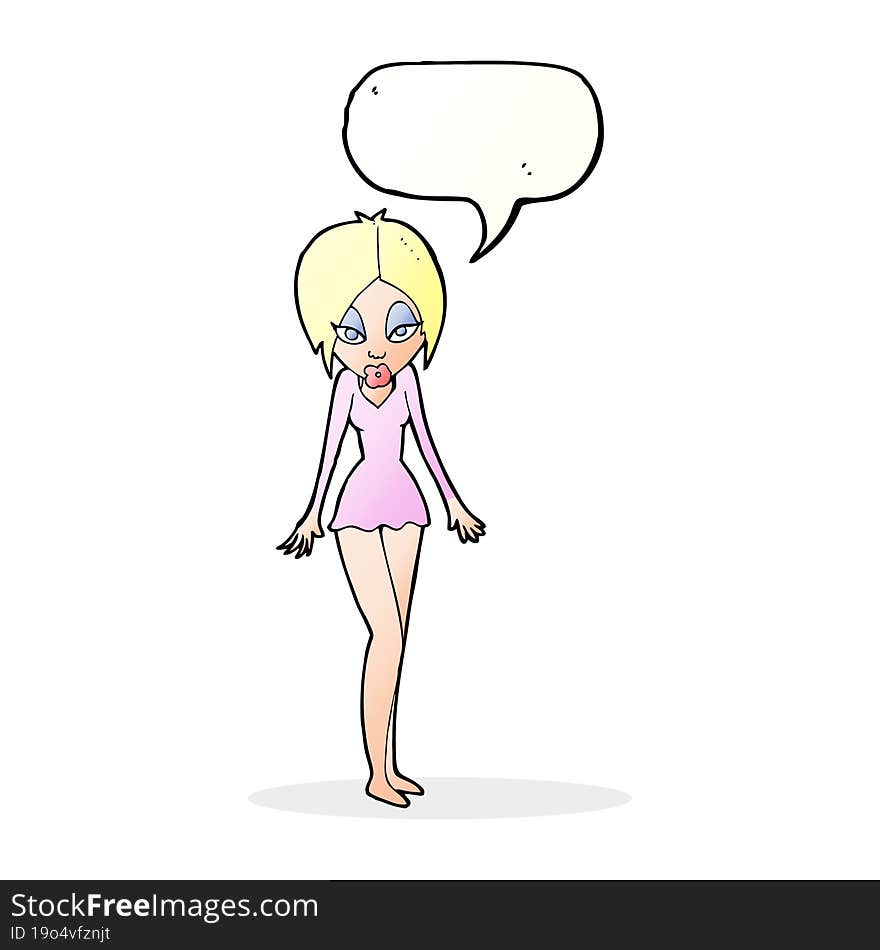 cartoon woman in short dress with speech bubble