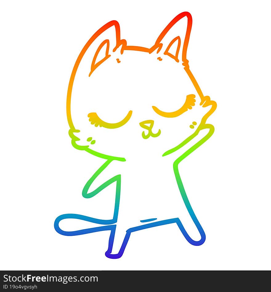 rainbow gradient line drawing calm cartoon cat waving