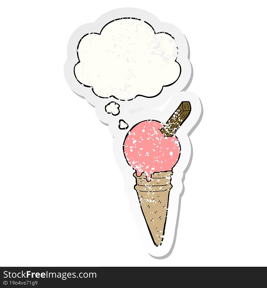 cartoon ice cream and thought bubble as a distressed worn sticker