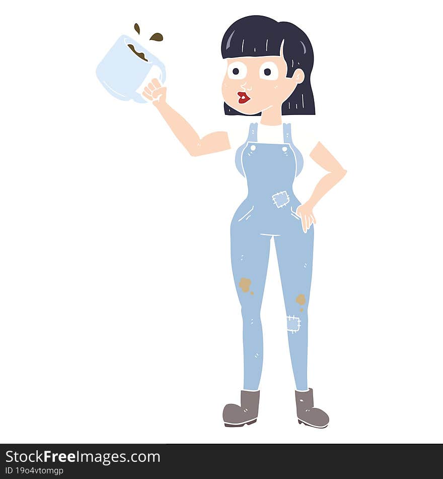 flat color illustration of female worker with coffee mug. flat color illustration of female worker with coffee mug