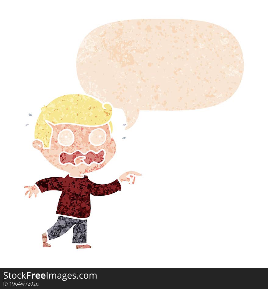 cartoon stressed out pointing and speech bubble in retro textured style