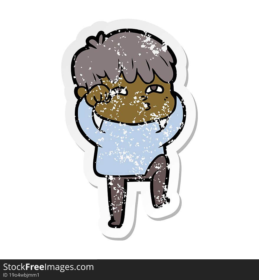 distressed sticker of a cartoon curious man