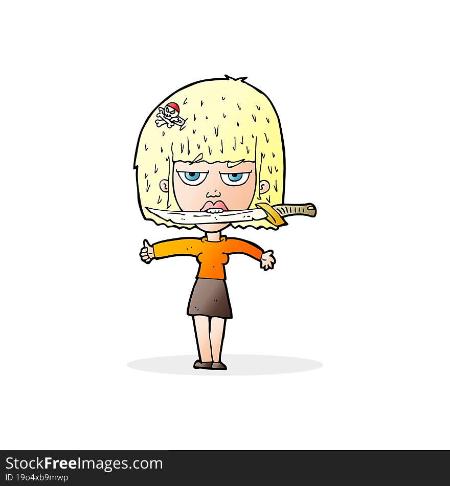 cartoon woman with knife between teeth