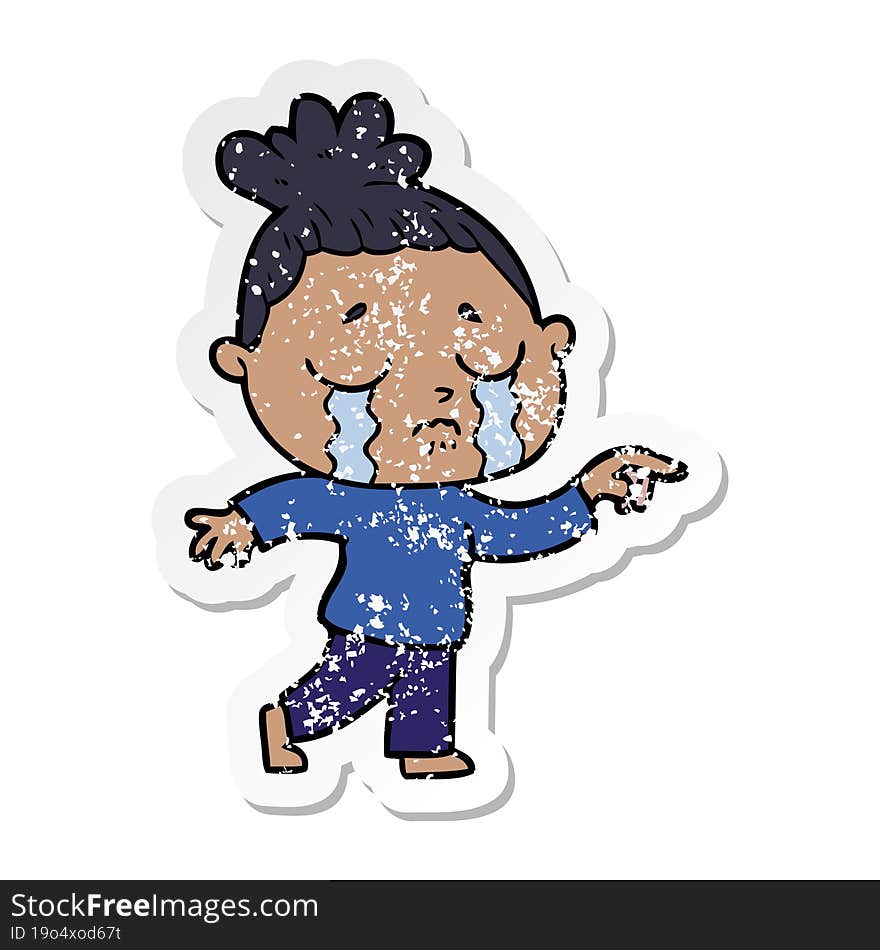 distressed sticker of a cartoon crying woman pointing