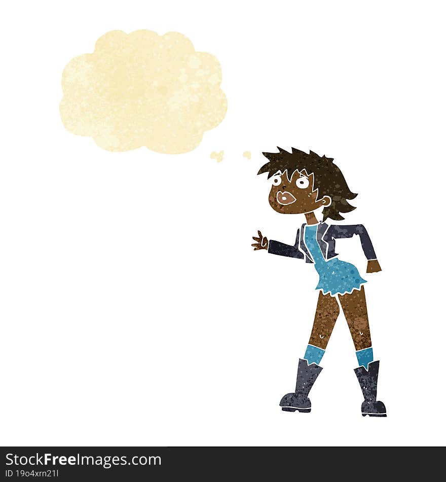 cartoon girl in leather jacket with thought bubble