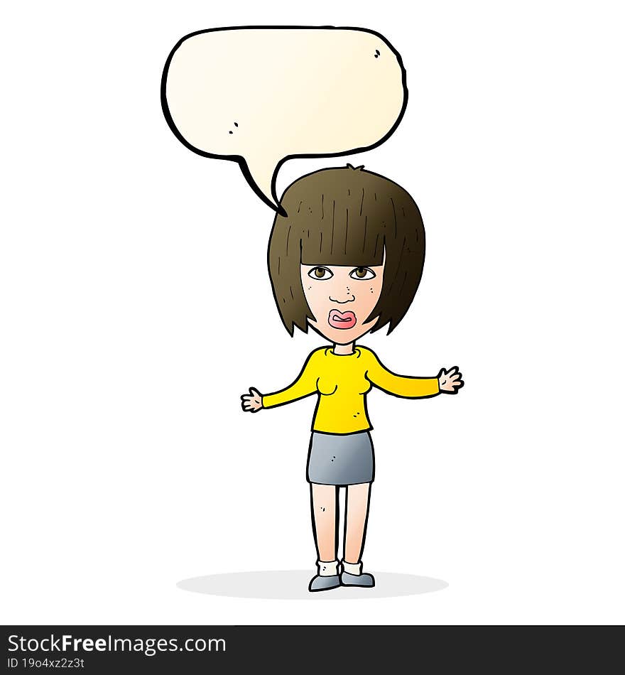 cartoon woman shrugging shoulders with speech bubble