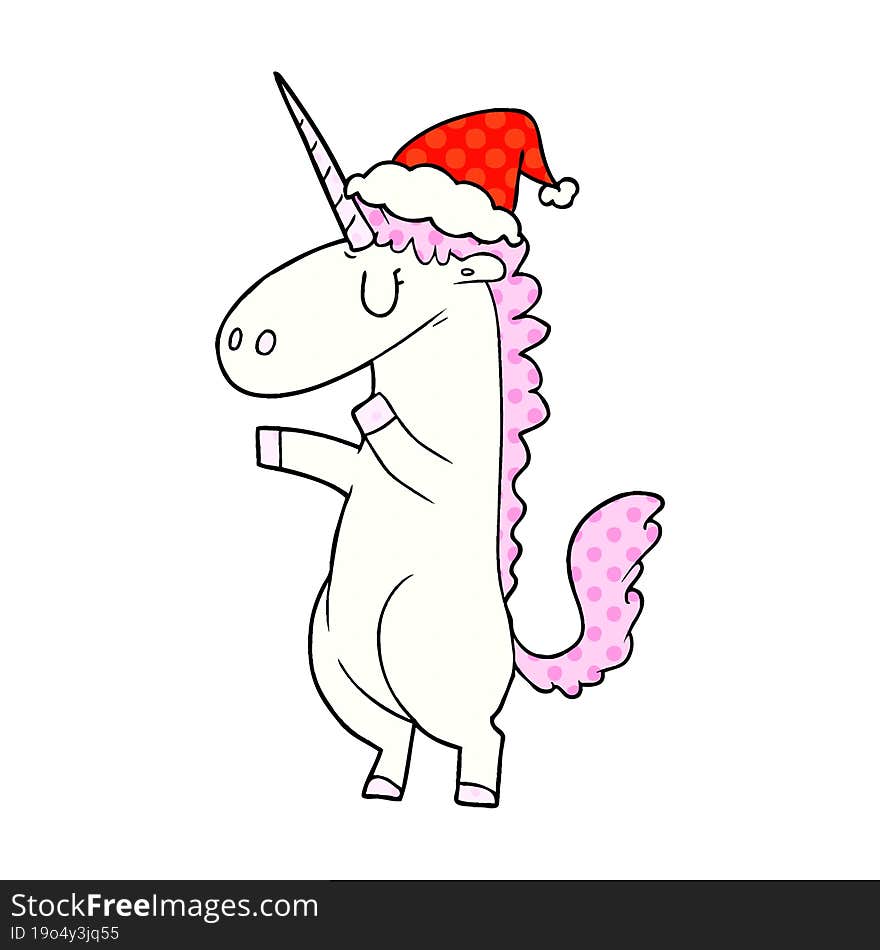 Comic Book Style Illustration Of A Unicorn Wearing Santa Hat