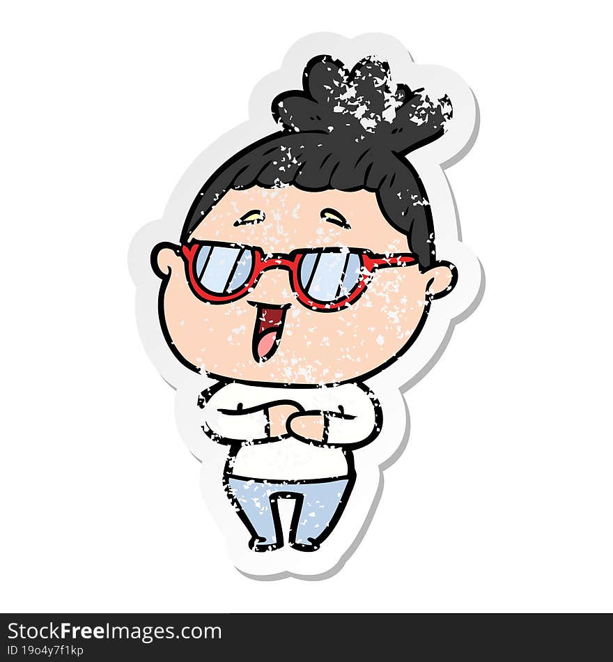 distressed sticker of a cartoon happy woman wearing spectacles