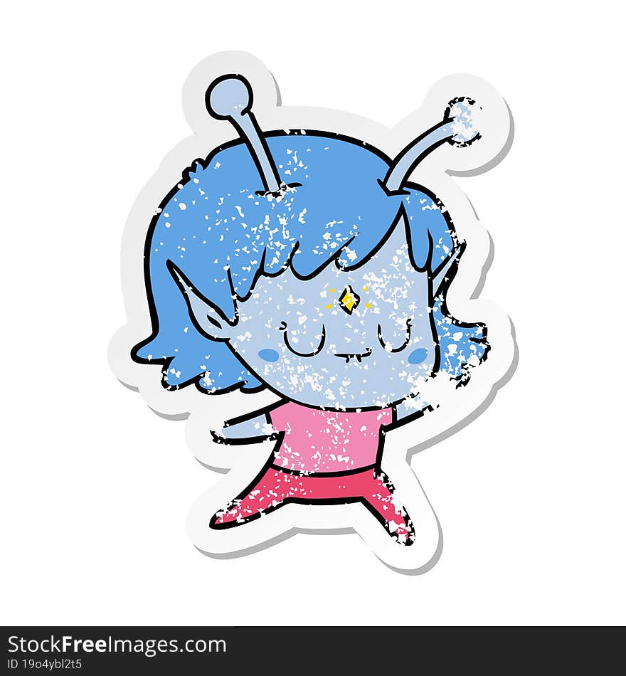 distressed sticker of a cartoon alien girl