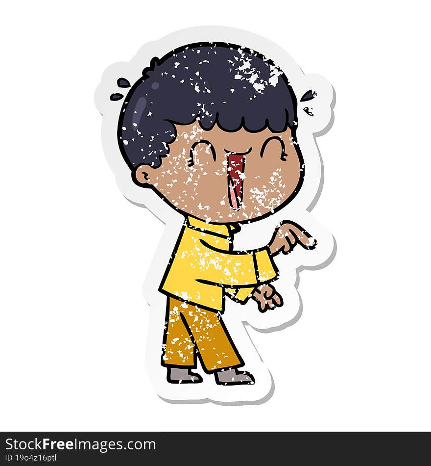 distressed sticker of a laughing cartoon man pointing finger