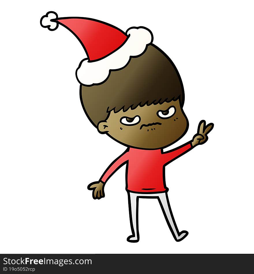 annoyed gradient cartoon of a boy wearing santa hat