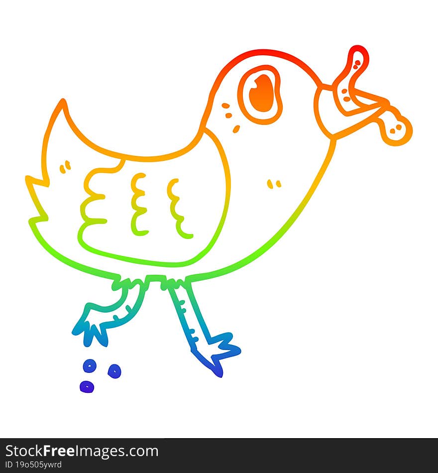 rainbow gradient line drawing of a cartoon bird with worm