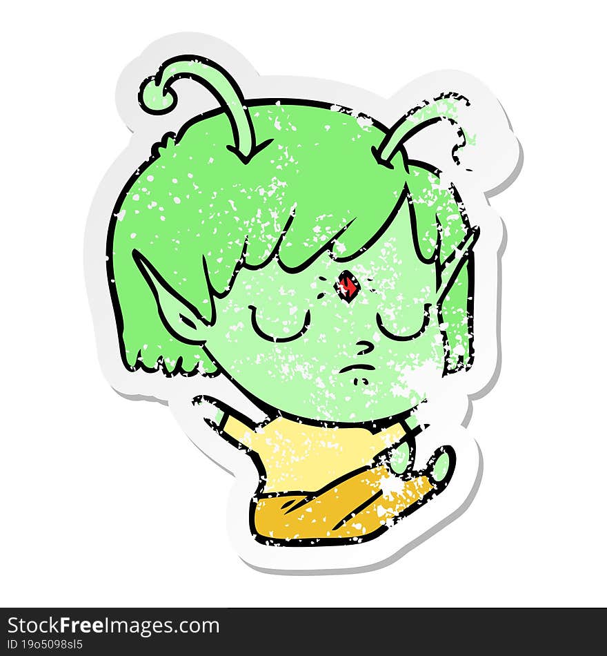 distressed sticker of a cartoon alien girl