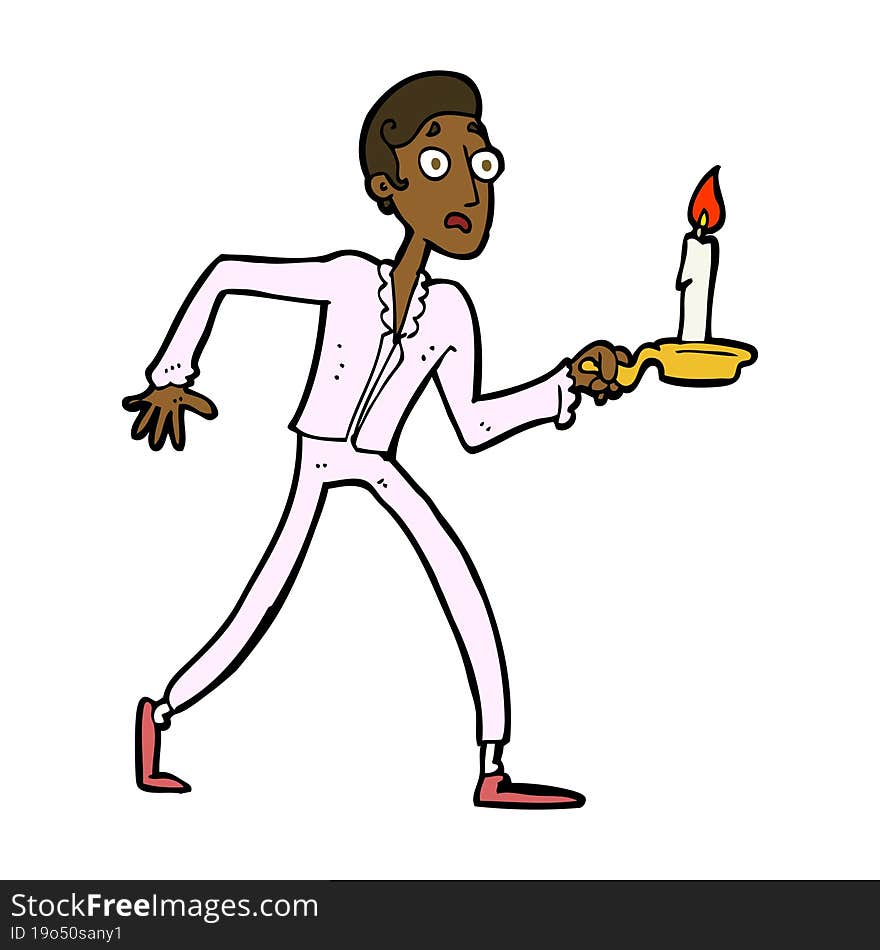 cartoon frightened man walking with candlestick