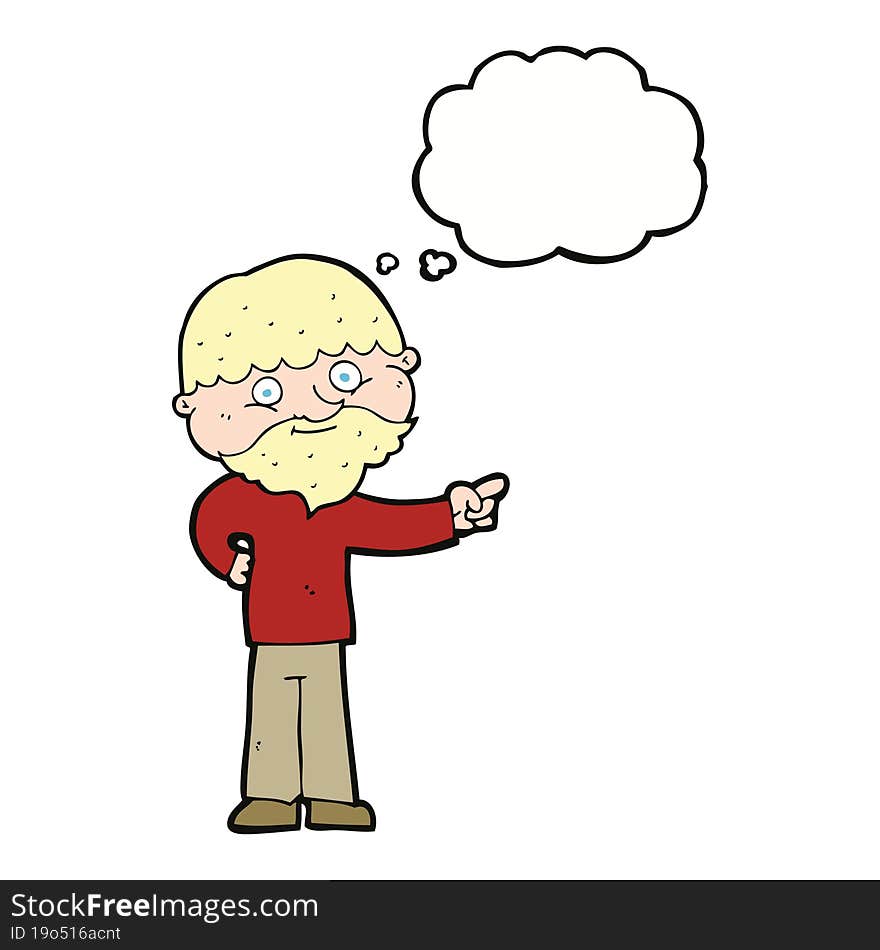 cartoon bearded man pointing with thought bubble