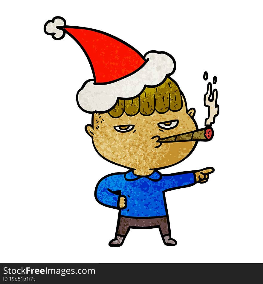 hand drawn textured cartoon of a man smoking wearing santa hat