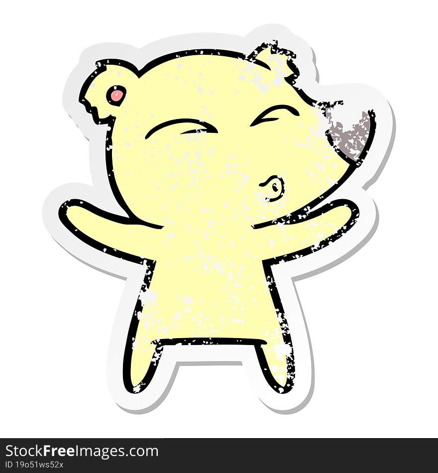 distressed sticker of a cartoon whistling bear with open arms